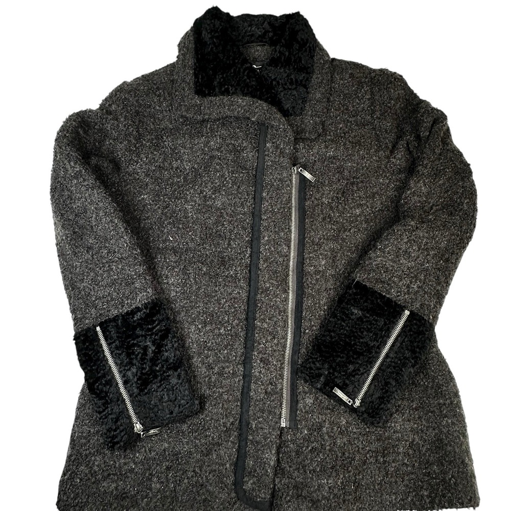 MONTANACO Textured Wool Blend Coat Black‎ Faux Fur Trim Asymmetrical Zip XL